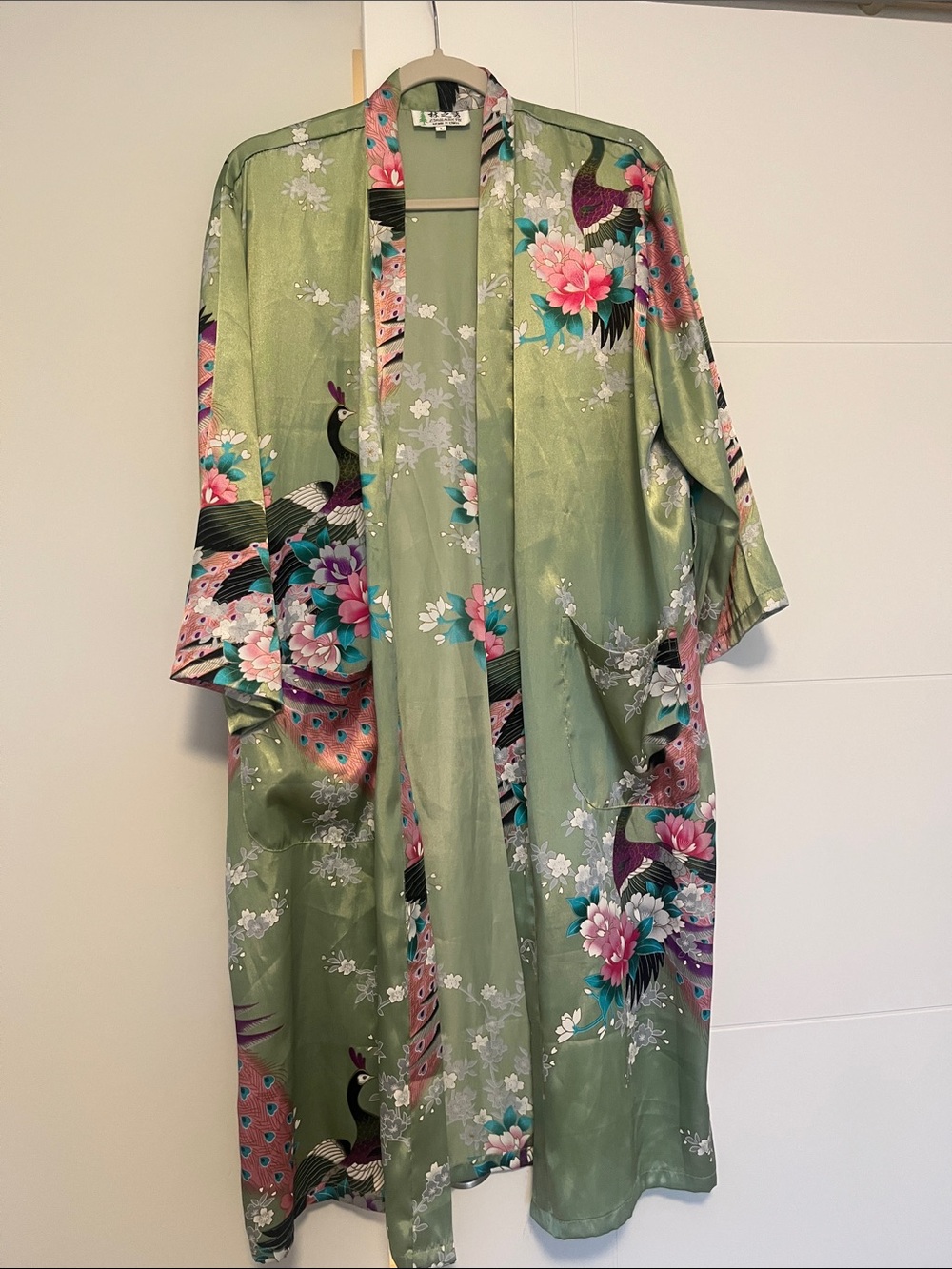 Light Green Floral & Peacock Satin Kimono Jacket